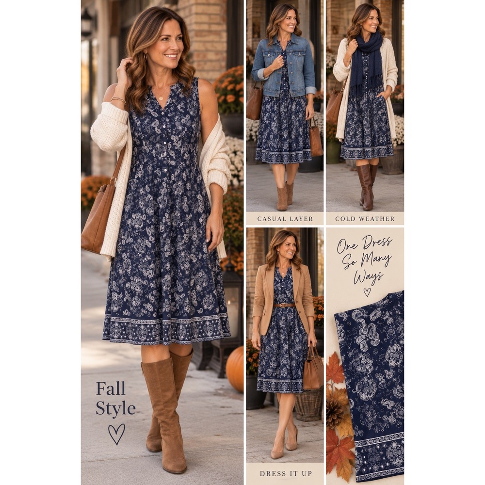 Vermont Country Store Womens 3X Navy Paisley Cotton Dress Sleeveless Boho